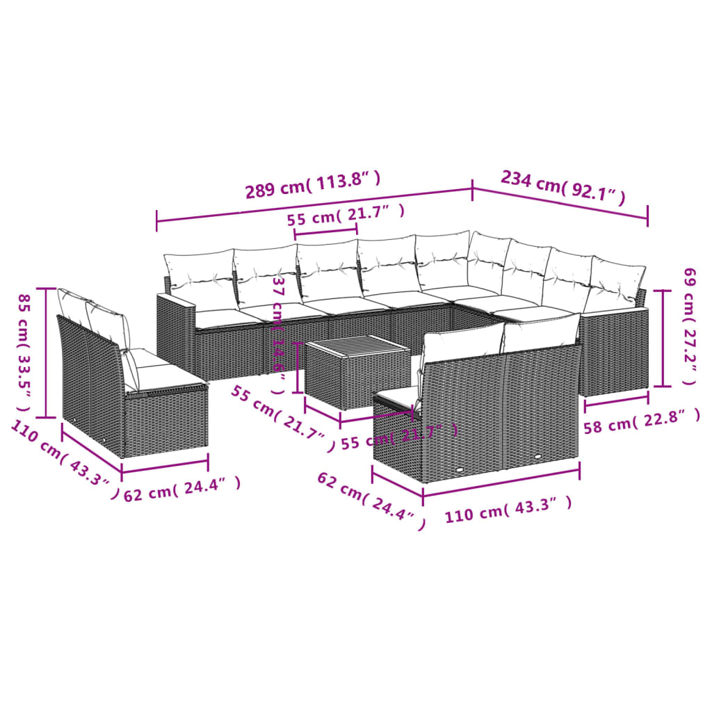 vidaXL 12-delige Loungeset met kussens poly rattan zwart