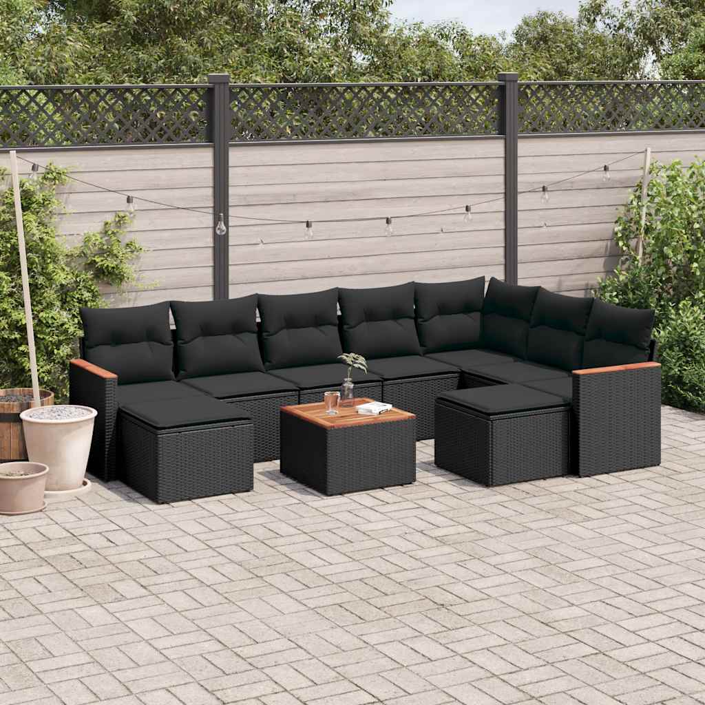 vidaXL 9-piece Loungeset with cushions poly rattan black