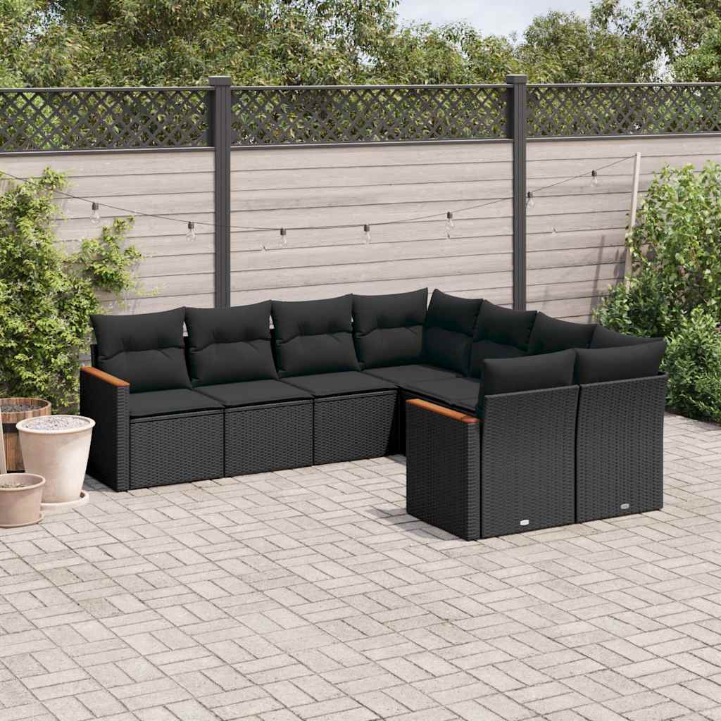 vidaXL 8-Piece Poly Rattan Lounge Set with Cushions Black