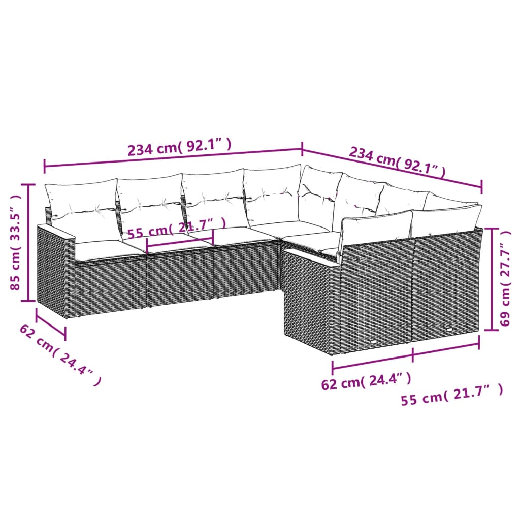 vidaXL 8-Piece Poly Rattan Lounge Set with Cushions Black