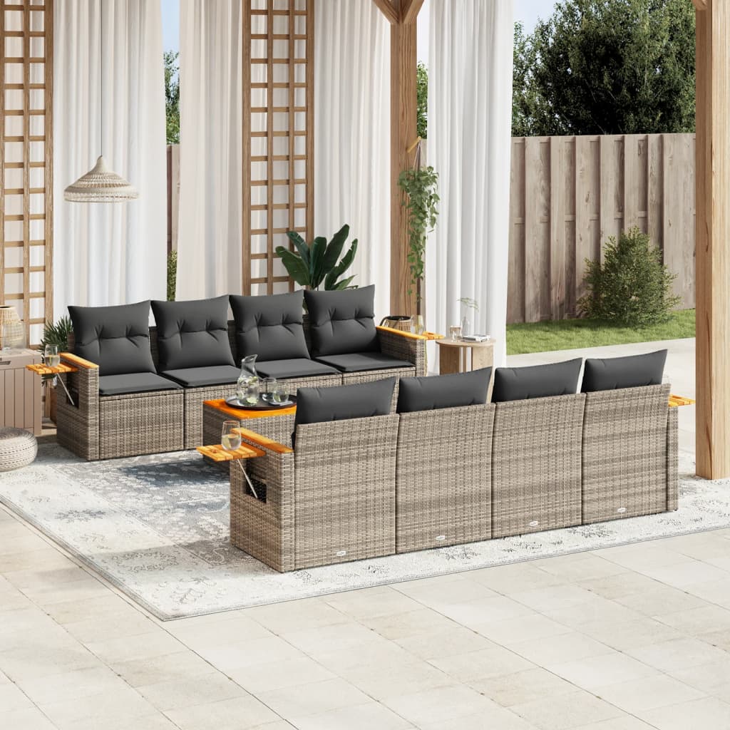 vidaXL 9-delige Loungeset met kussens poly rattan zwart