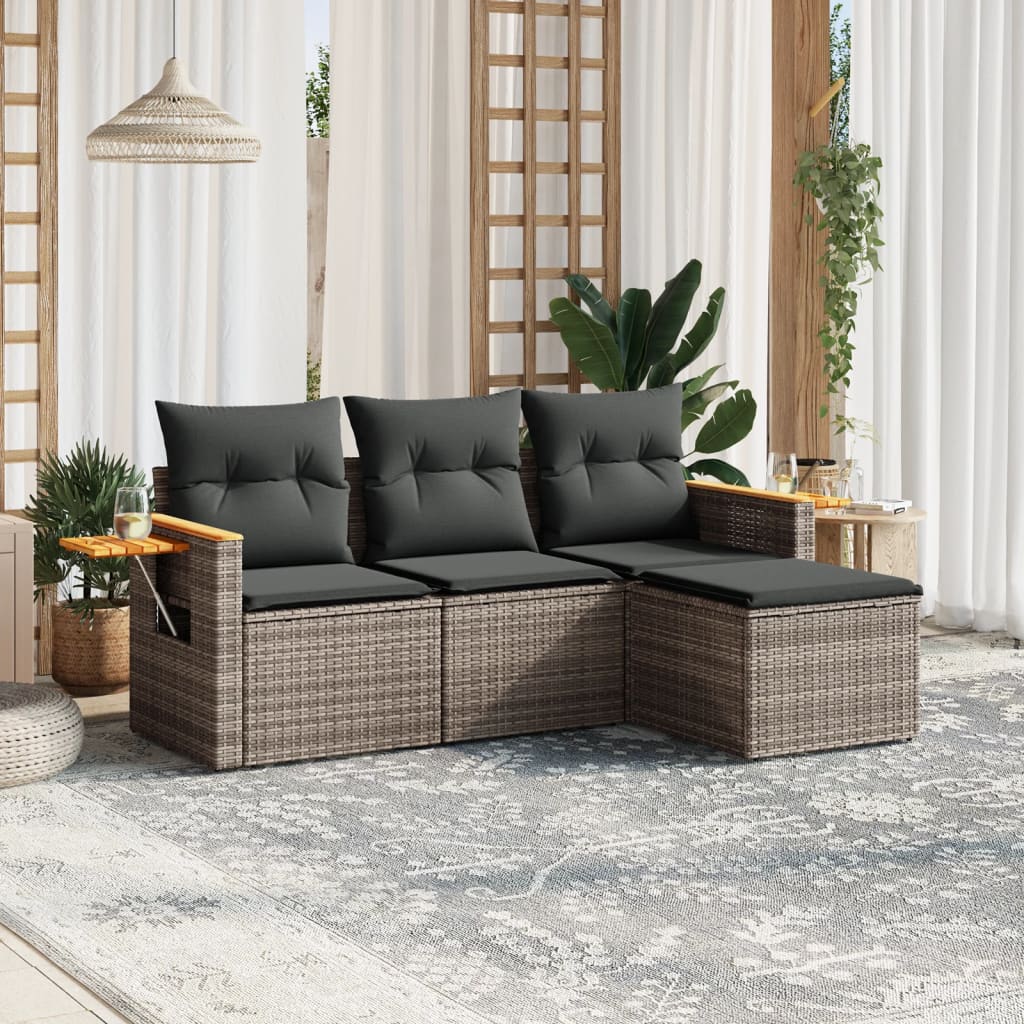 vidaXL 4-delige Loungeset met kussens poly rattan zwart