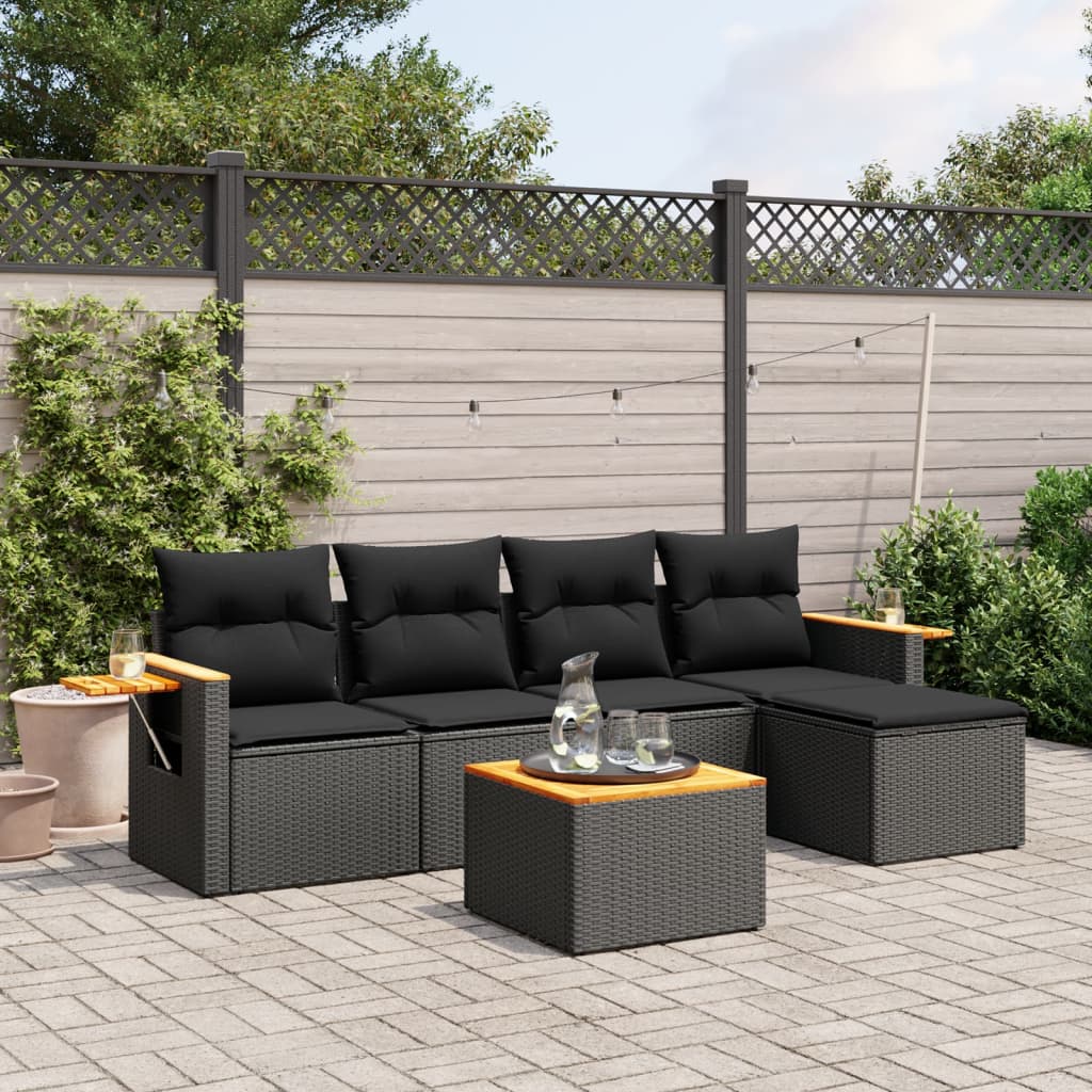 vidaXL 5-delige Loungeset met kussens poly rattan zwart