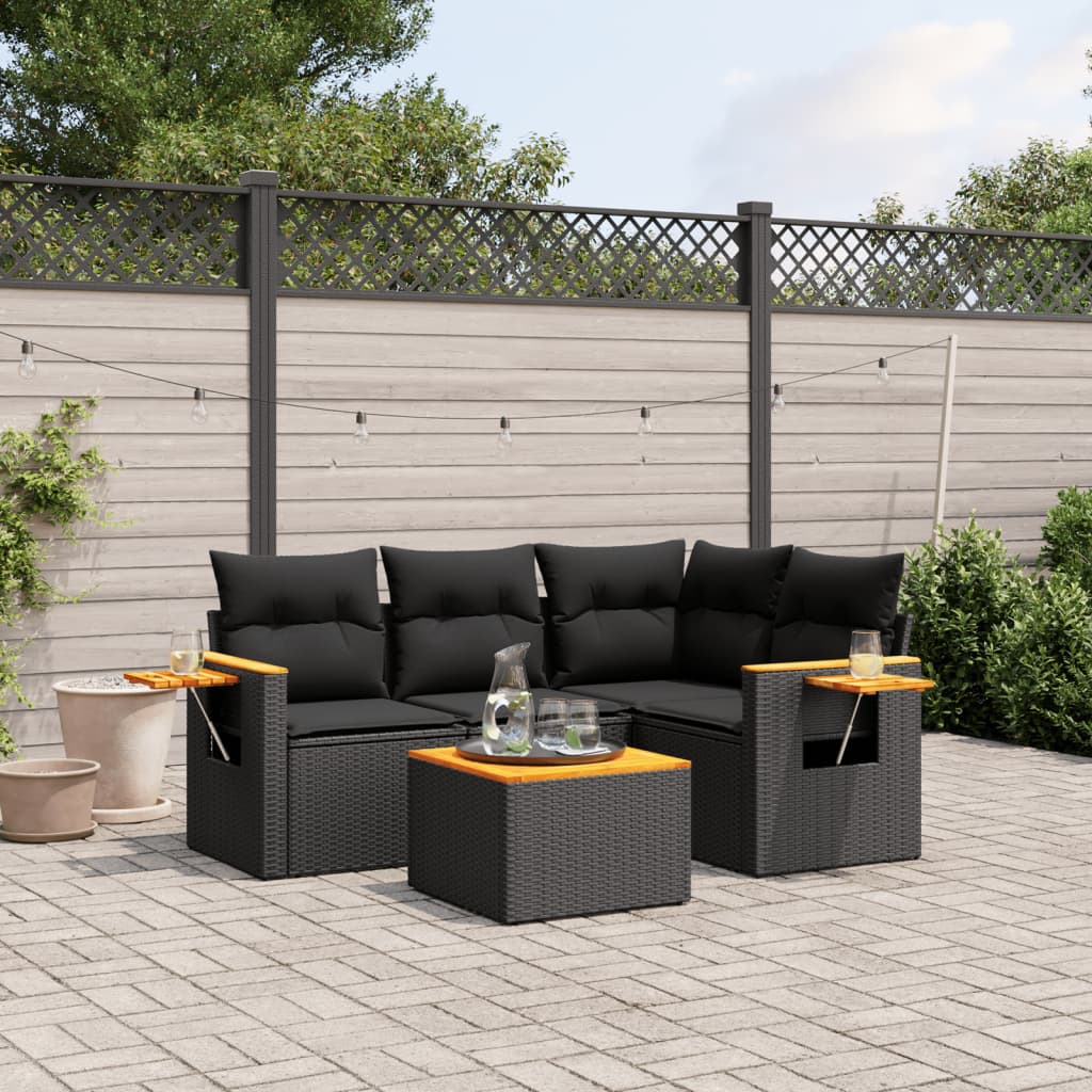 vidaXL 4-delige Loungeset met kussens poly rattan zwart