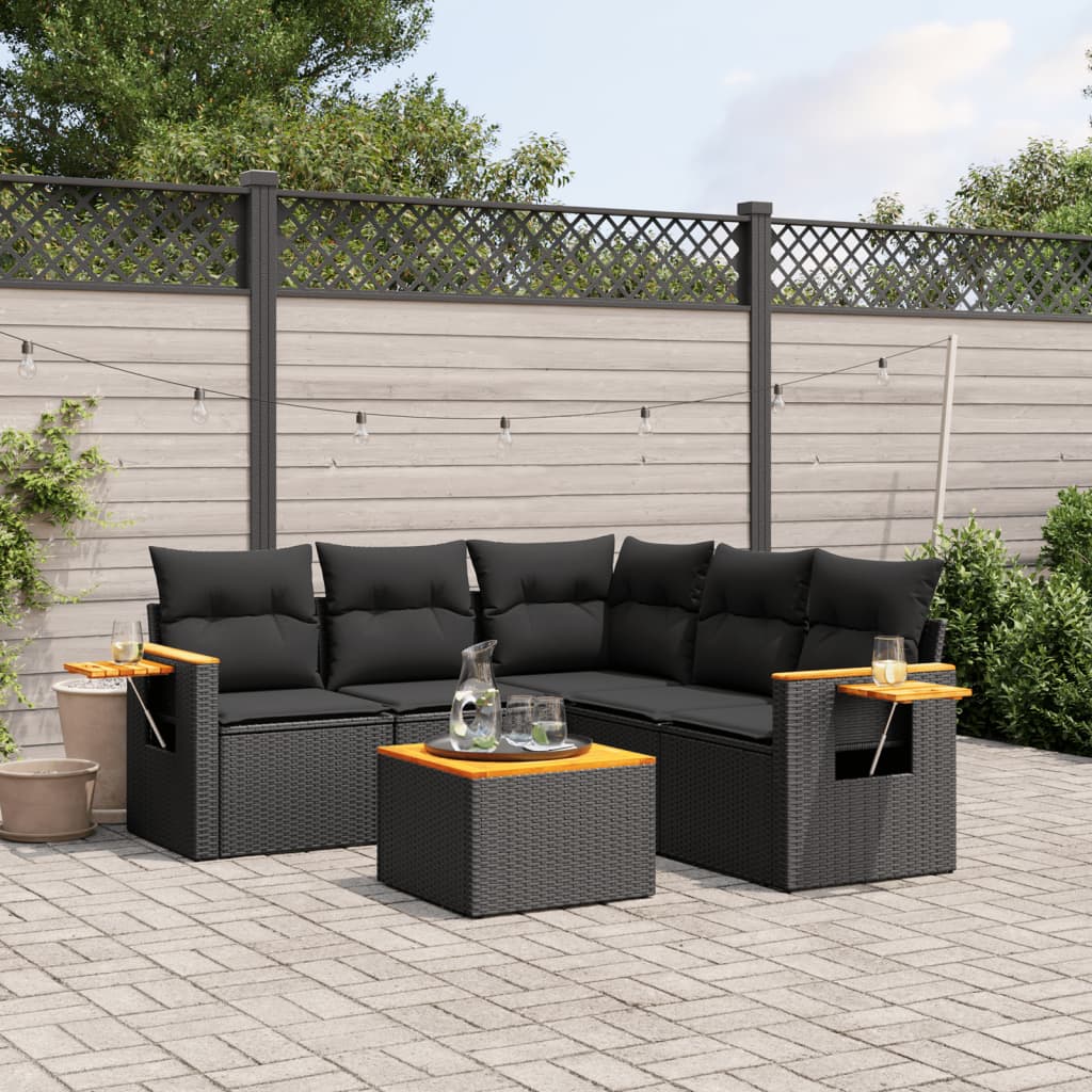 vidaXL 5-delige Loungeset met kussens poly rattan zwart