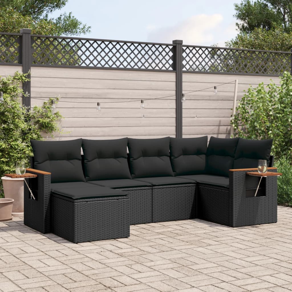 vidaXL 6-delige Loungeset met kussens poly rattan zwart