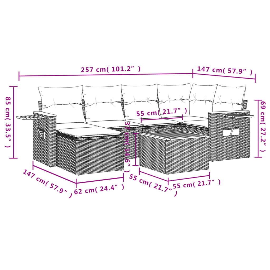 vidaXL 6-delige Loungeset met kussens poly rattan zwart