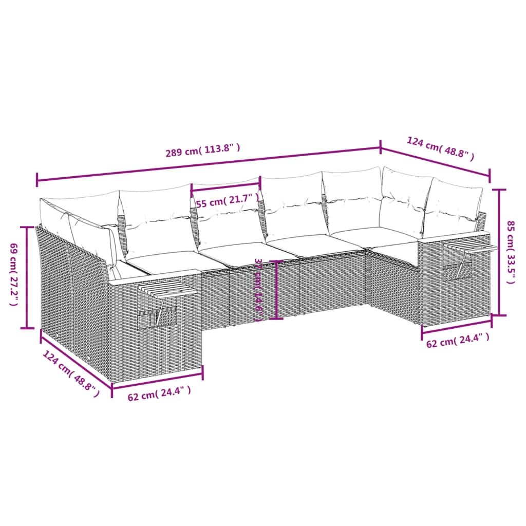 vidaXL 7-Piece Lounge Set with Cushions Poly Rattan Black