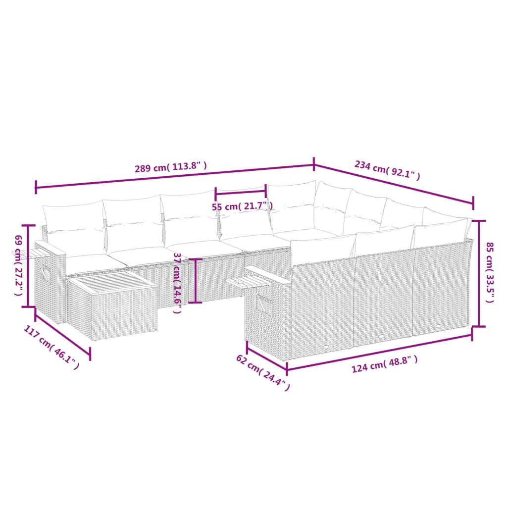 vidaXL 11-delige Loungeset met kussens poly rattan zwart