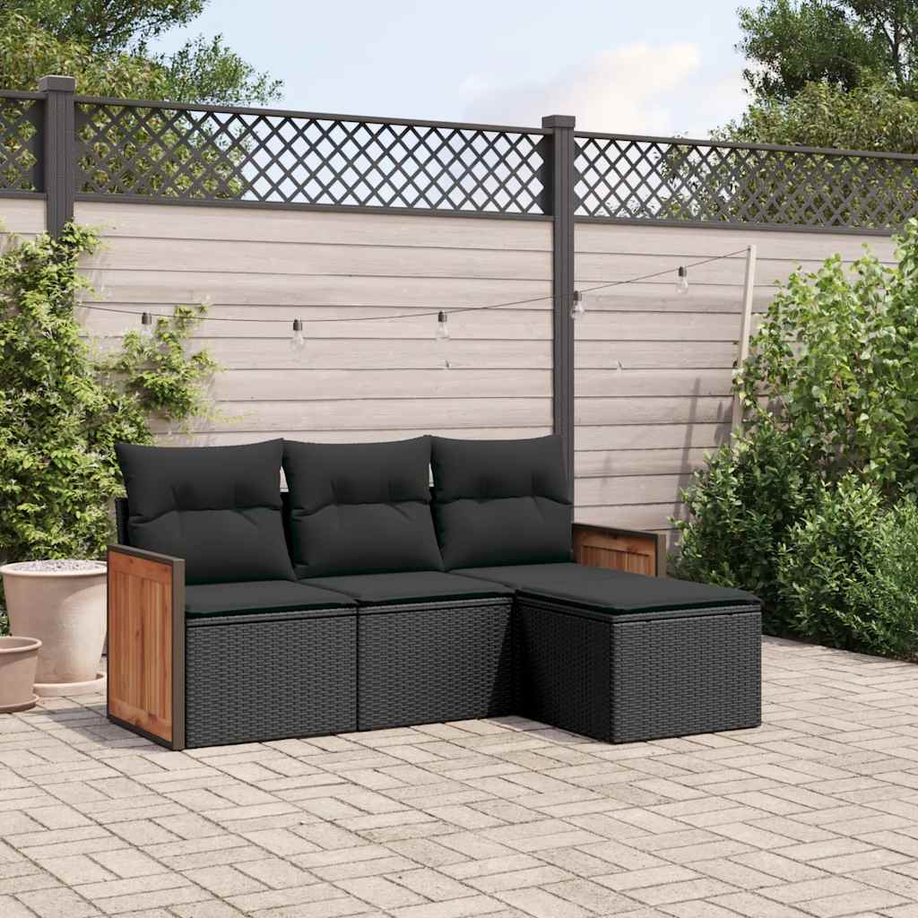 vidaXL 4-delige Loungeset met kussens poly rattan zwart
