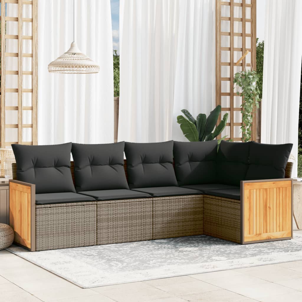 vidaXL 5-delige Loungeset met kussens poly rattan zwart