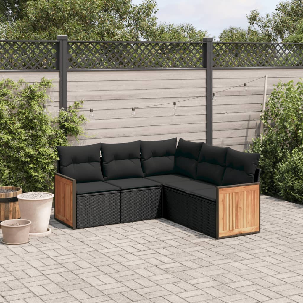 vidaXL 5-delige Loungeset met kussens poly rattan zwart