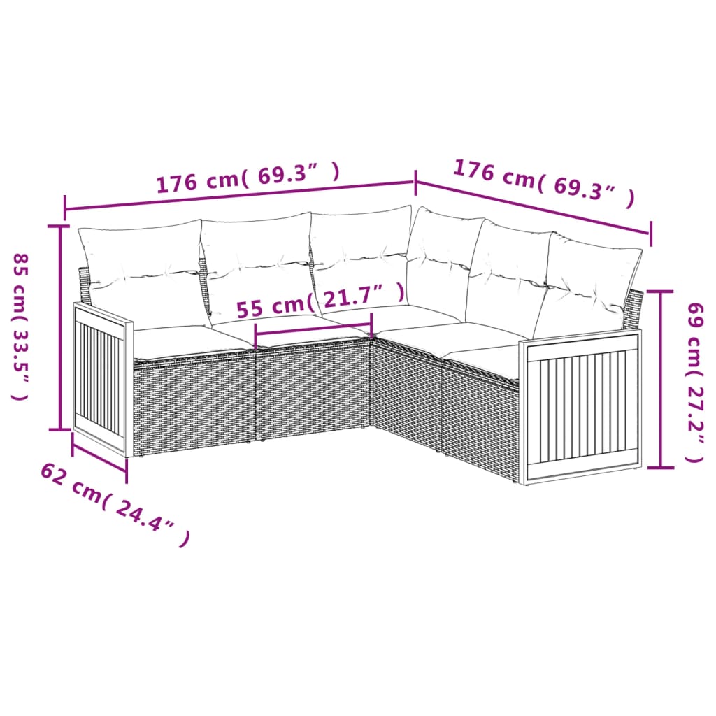 vidaXL 5-delige Loungeset met kussens poly rattan zwart