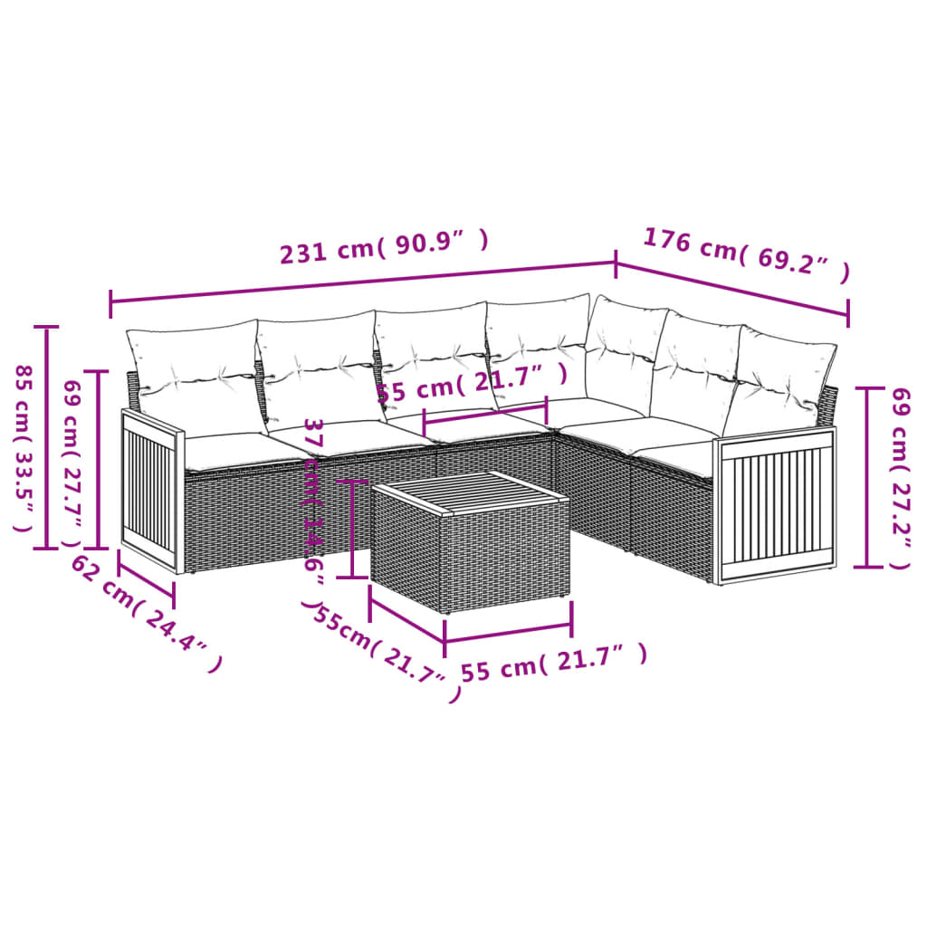 vidaXL 6-delige Loungeset met kussens poly rattan zwart