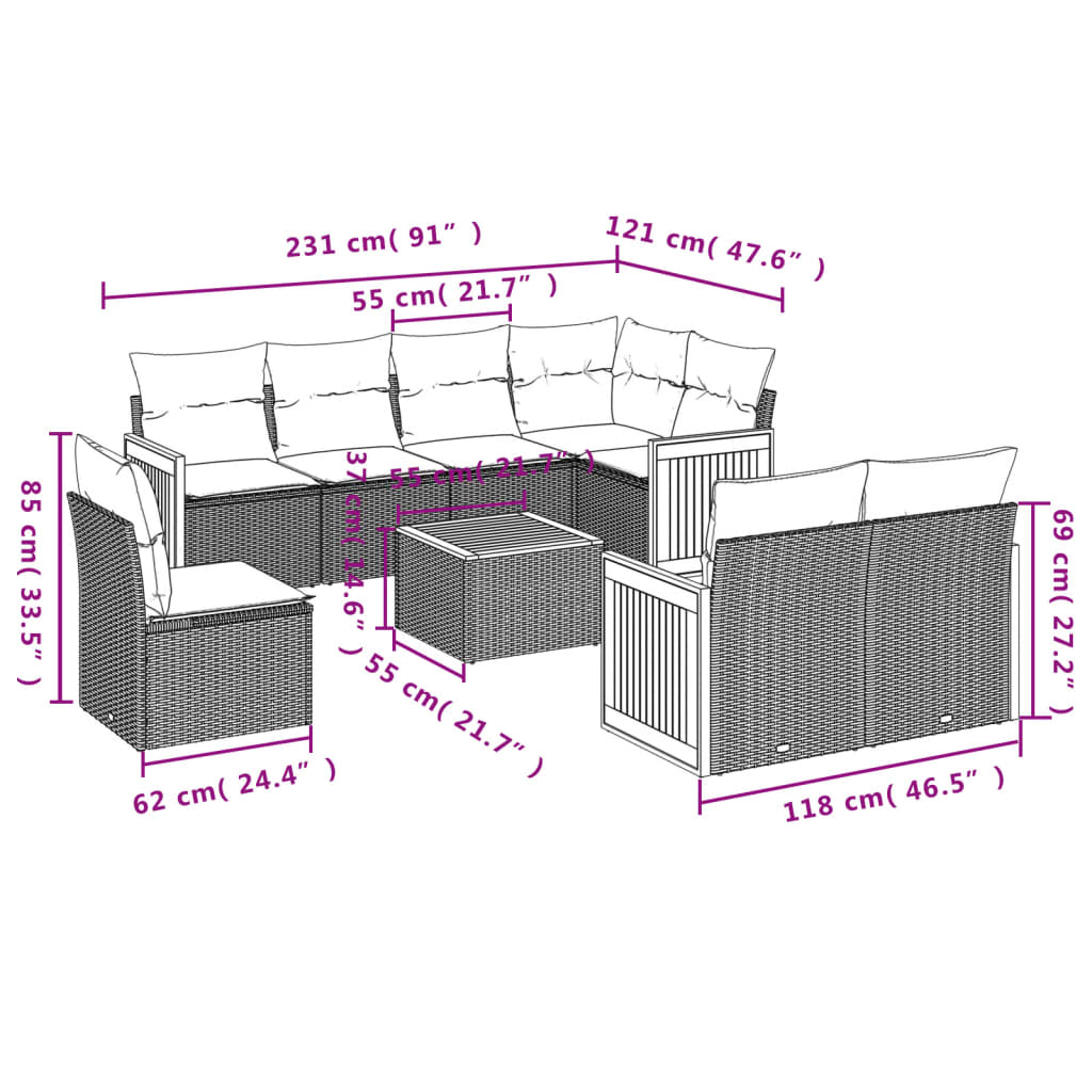 vidaXL 8-delige Loungeset met kussens poly rattan zwart