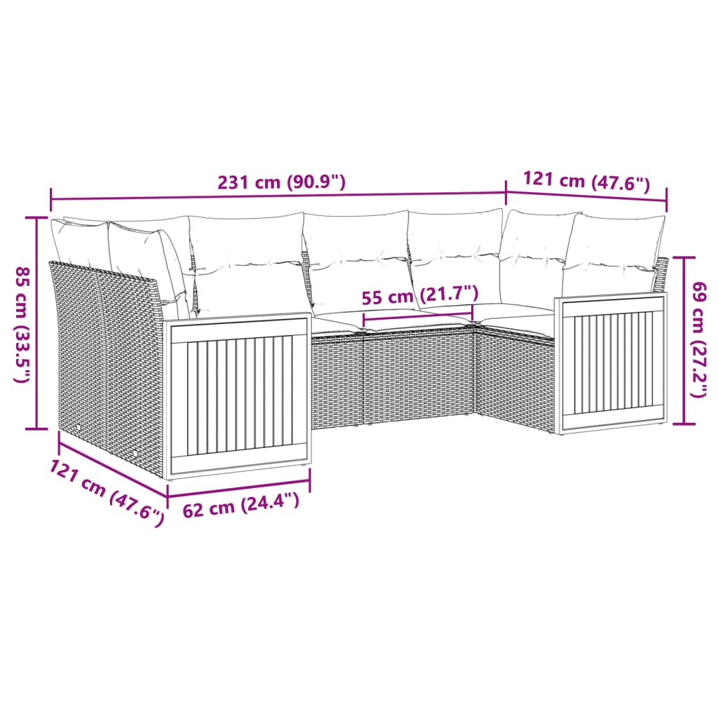 vidaXL 6-Piece Lounge Set with Cushions Poly Rattan Black