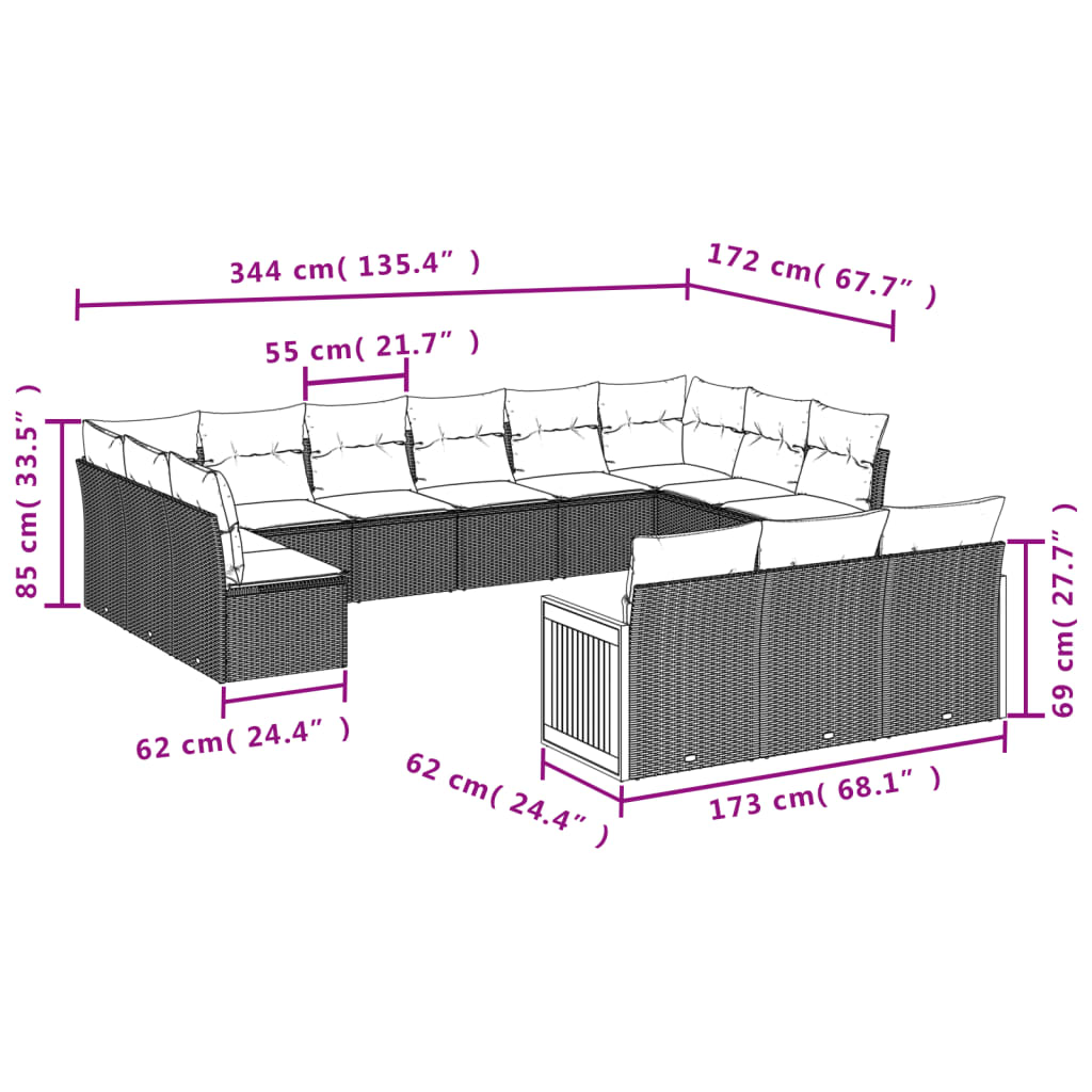 vidaXL 13-delige Loungeset met kussens poly rattan zwart