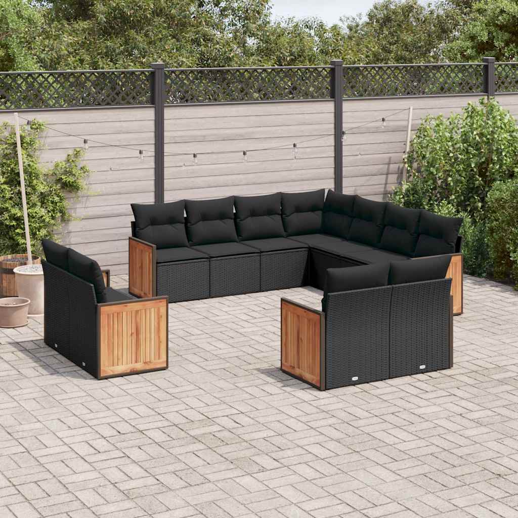 vidaXL 11-Piece Lounge Set with Cushions Poly Rattan Black