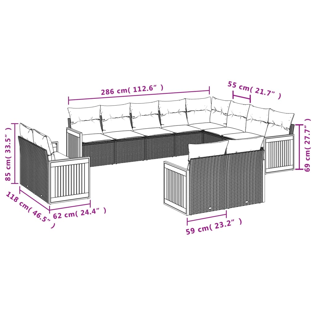 vidaXL 12-piece Lounge Set with Cushions Poly Rattan Black