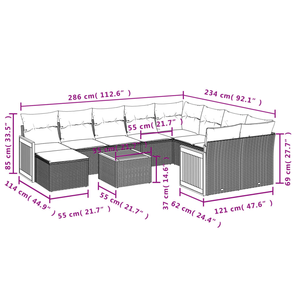 vidaXL 11-Piece Lounge Set with Cushions Poly Rattan Black