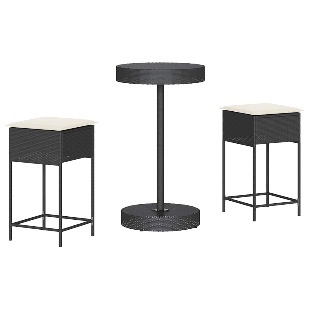 vidaXL 3-delige Tuinbarset met kussens poly rattan zwart