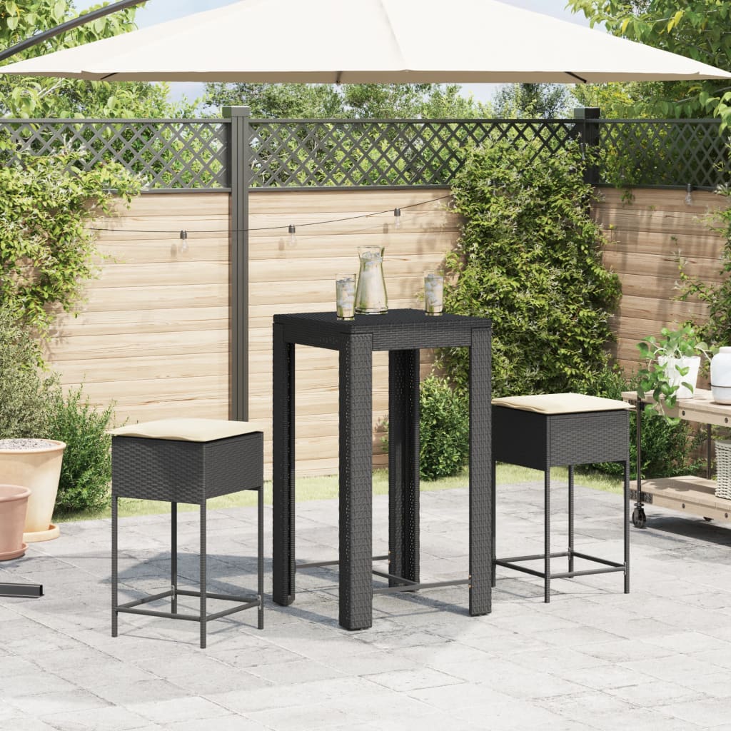 vidaXL 3-delige Tuinbarset met kussens poly rattan grijs