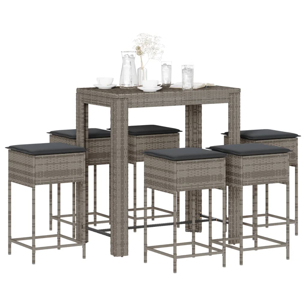 vidaXL 3-delige Tuinbarset met kussens poly rattan grijs