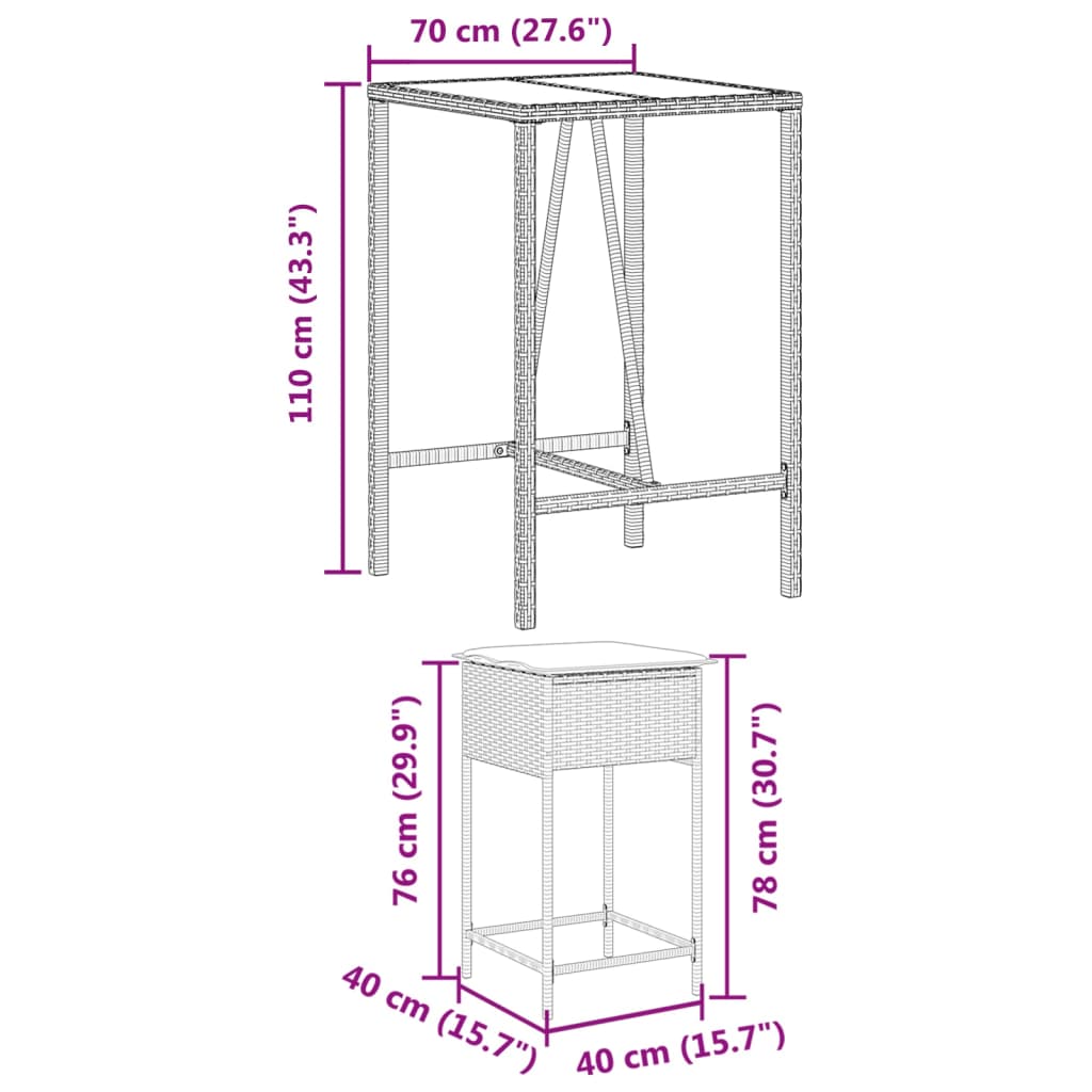 vidaXL 3-Piece Garden Bar Set with Cushions Poly Rattan Grey