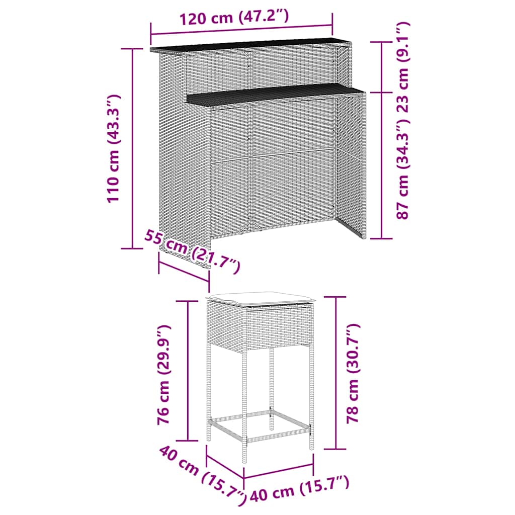vidaXL 3-delige Tuinbarset met kussens poly rattan zwart