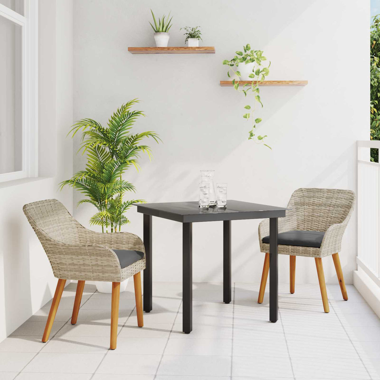 vidaXL Tuin Eettafel Set met kussen 3 pcs Lichtgrijs poly rattan