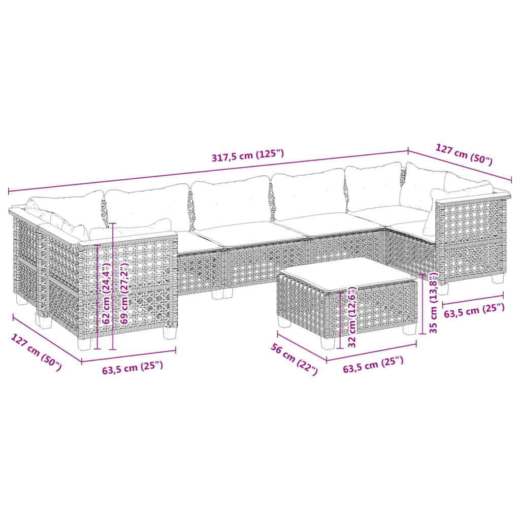vidaXL 8-delige Loungeset met kussens poly rattan zwart