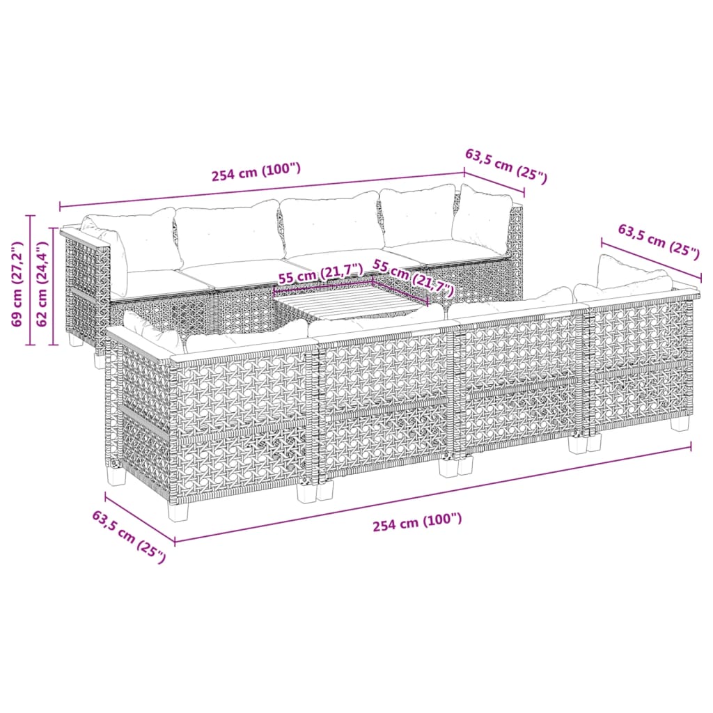 vidaXL 9-delige Loungeset met kussens poly rattan zwart