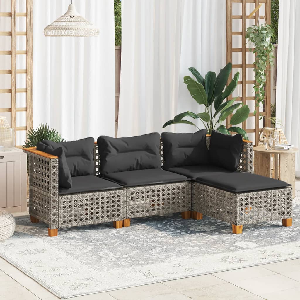 vidaXL 4-delige Loungeset met kussens poly rattan zwart