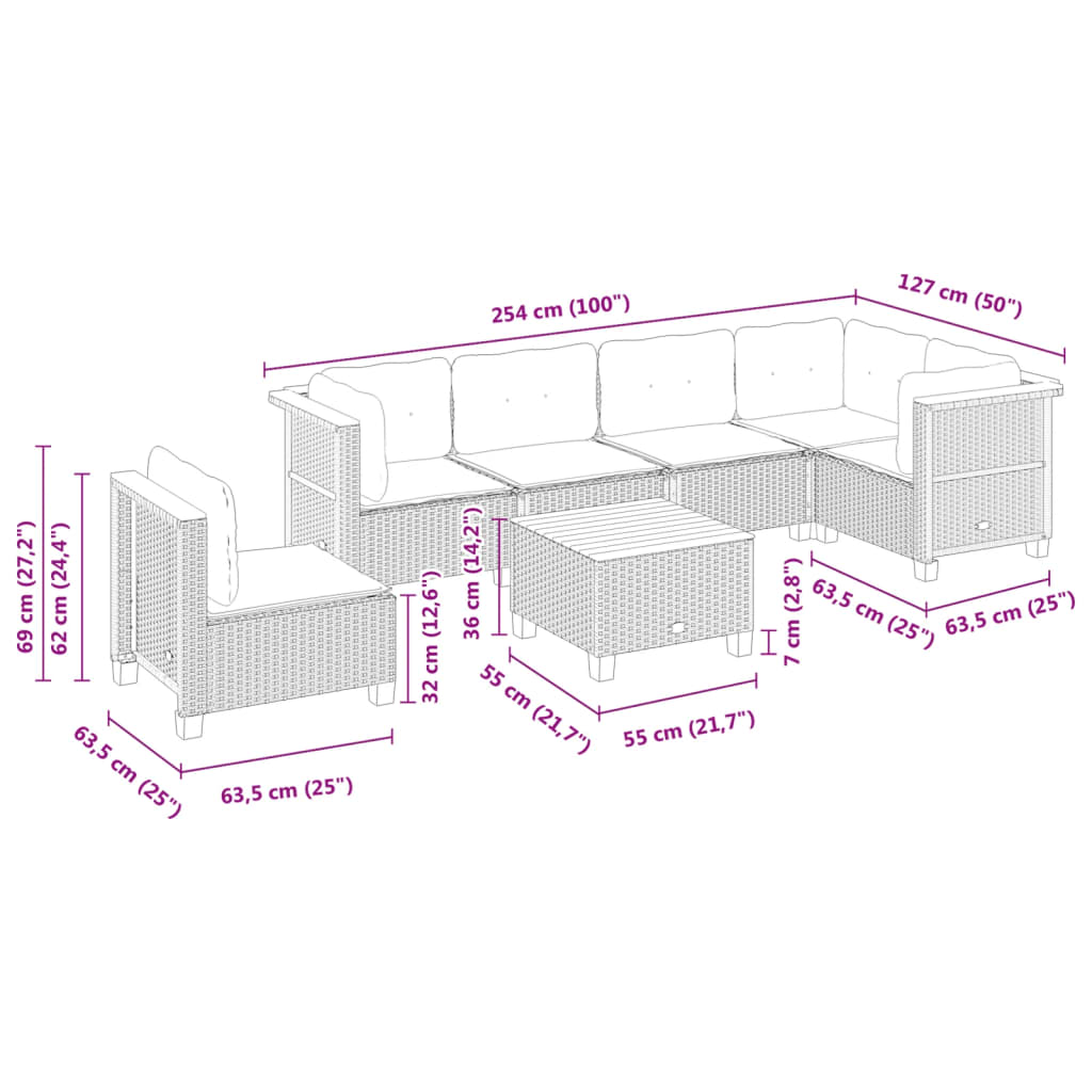 vidaXL 7-delige Loungeset met kussens poly rattan zwart