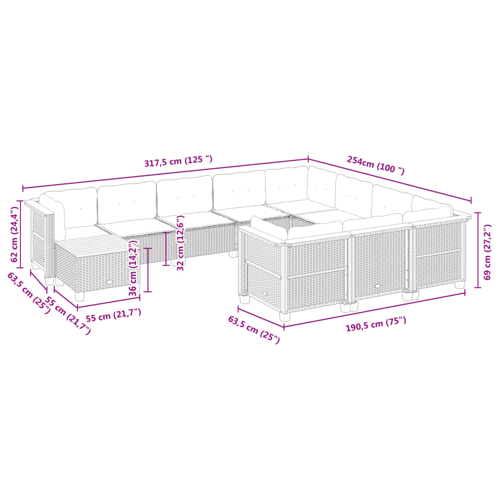 vidaXL 11-delige Loungeset met kussens poly rattan zwart