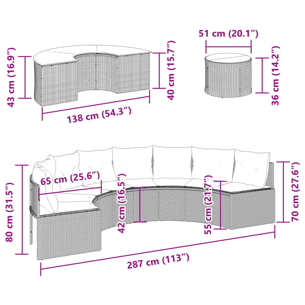 vidaXL 2-Piece Half-Round Poly Rattan Lounge Set Black
