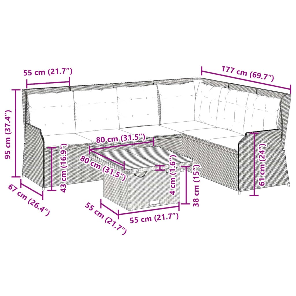 vidaXL 5-delige Loungeset met kussens poly rattan zwart