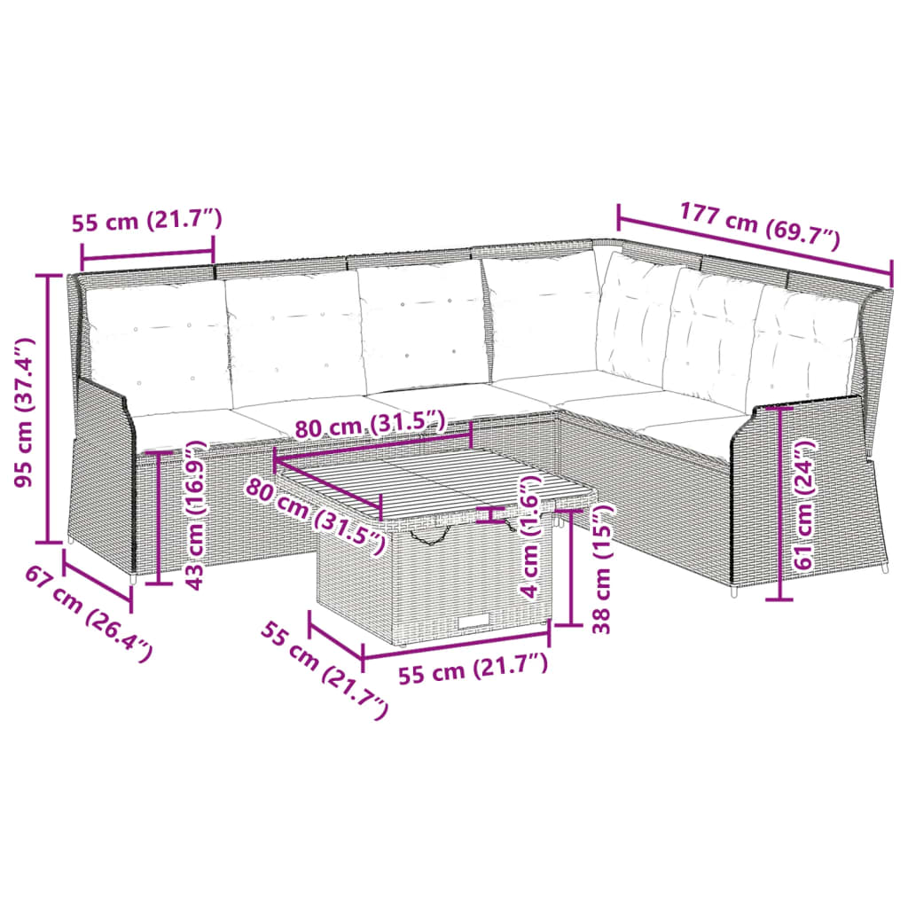 vidaXL 5-delige Loungeset met kussens poly rattan beige