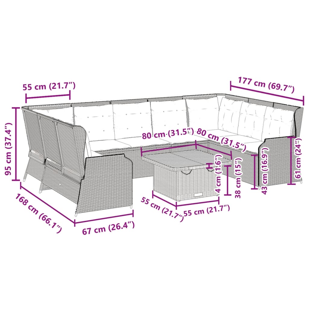 vidaXL 7-delige Loungeset met kussens poly rattan zwart
