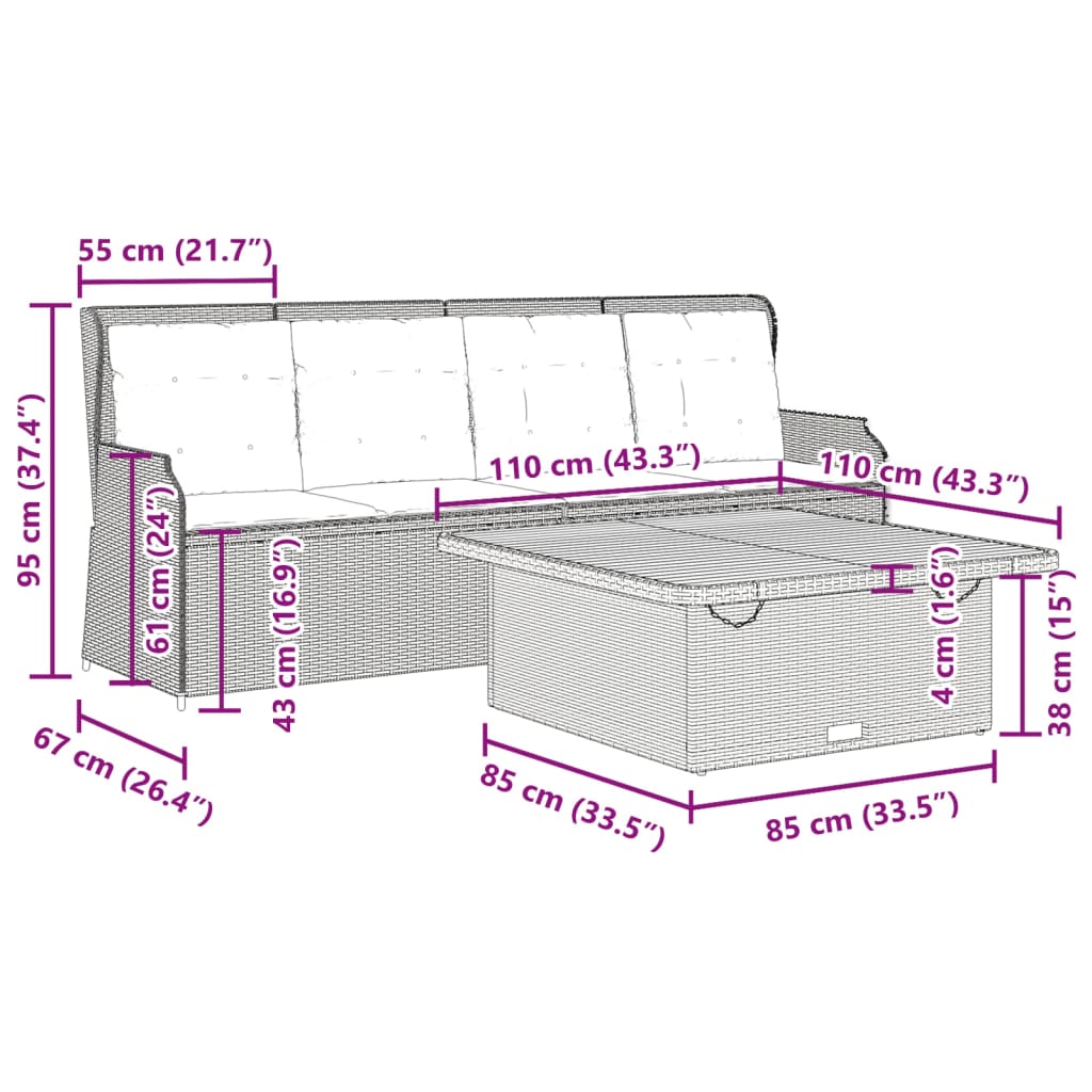 vidaXL 3-delige Loungeset met kussens poly rattan zwart