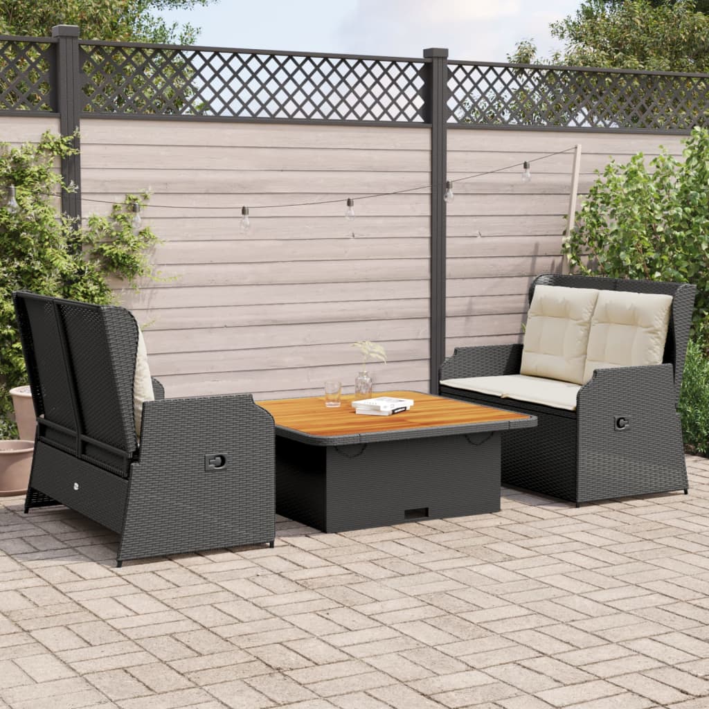 vidaXL 3-delige Loungeset met kussens poly rattan zwart