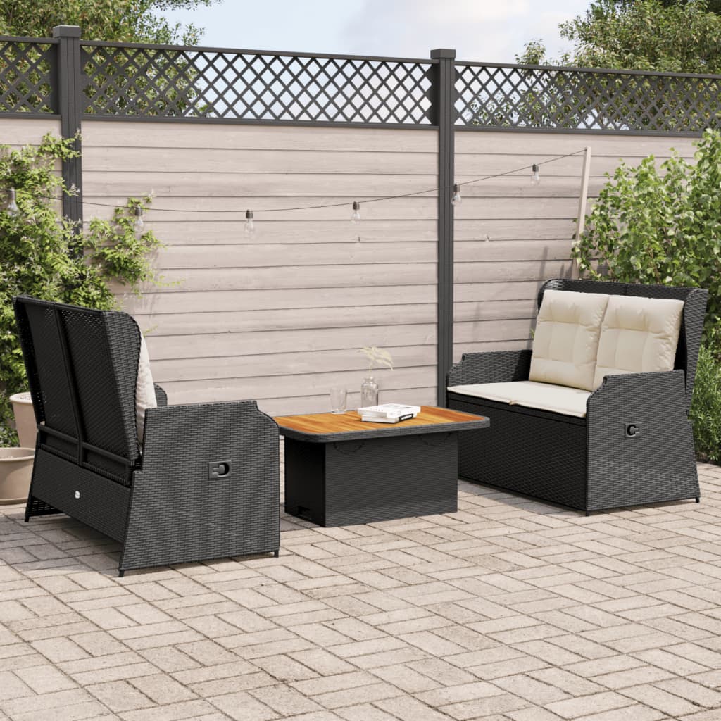 vidaXL 3-delige Loungeset met kussens poly rattan zwart