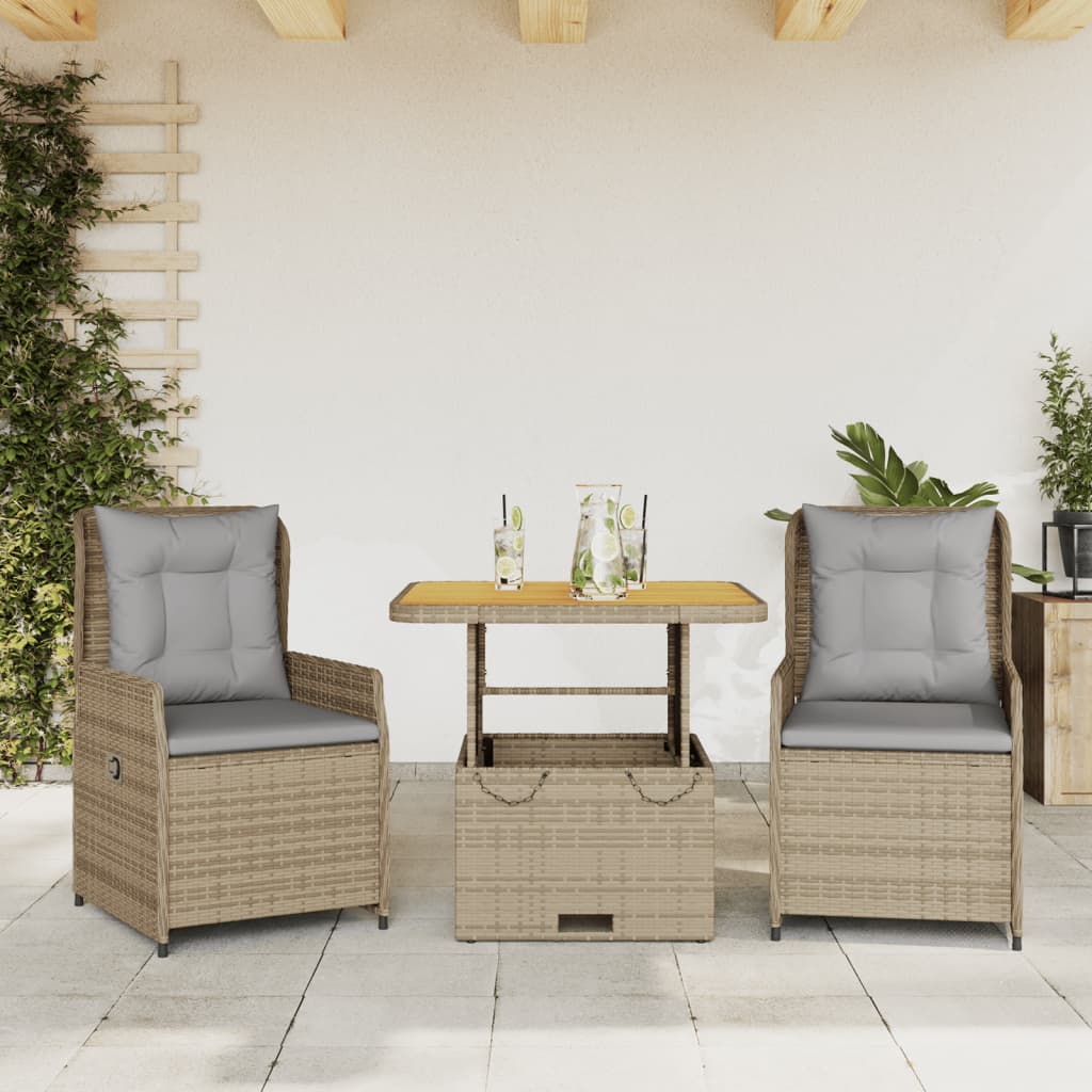 vidaXL 3-delige Bistroset met kussens poly rattan zwart