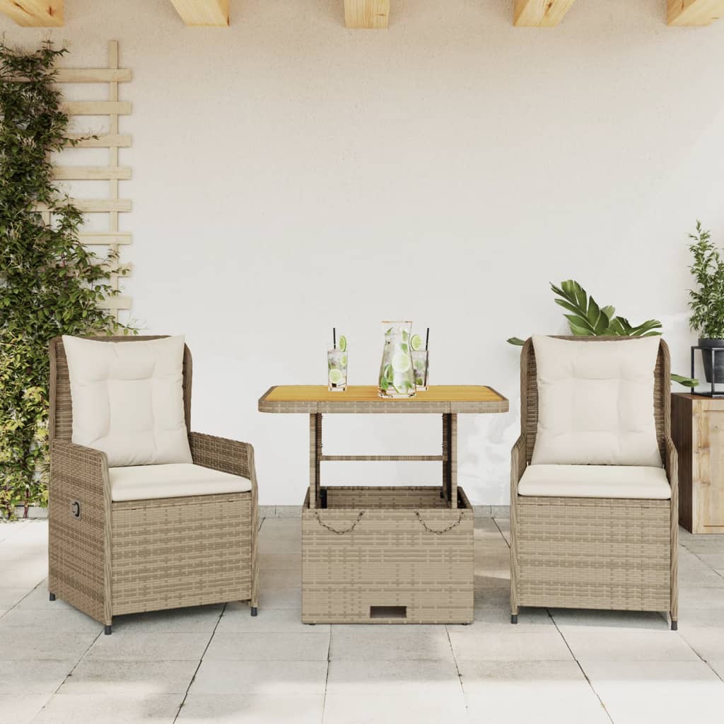 vidaXL 3-delige Bistroset met kussens poly rattan zwart