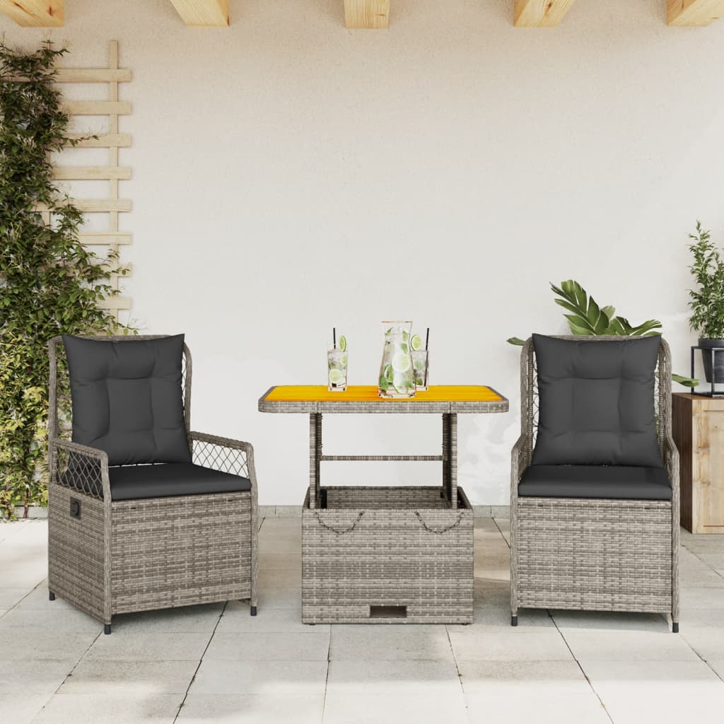 vidaXL 3-delige Tuinset met kussens poly rattan zwart