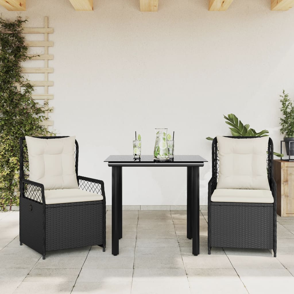 vidaXL 3-delige Tuinset met kussens poly rattan zwart