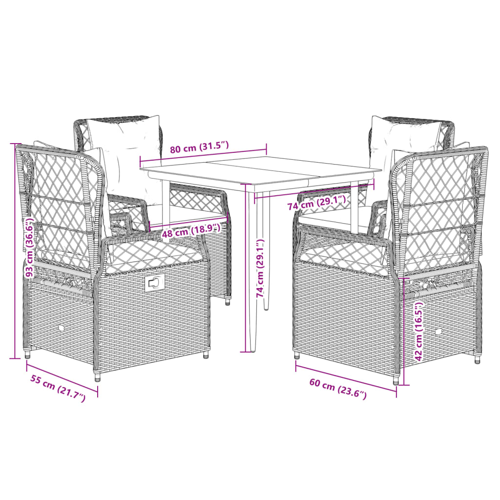 vidaXL 3-delige Tuinset met kussens poly rattan zwart