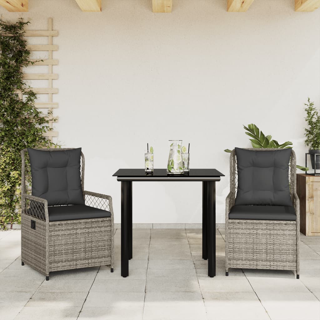 vidaXL 3-delige Tuinset met kussens poly rattan zwart
