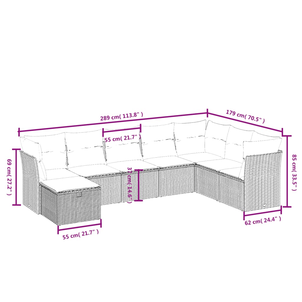 vidaXL 8-delige Loungeset met kussens poly rattan zwart