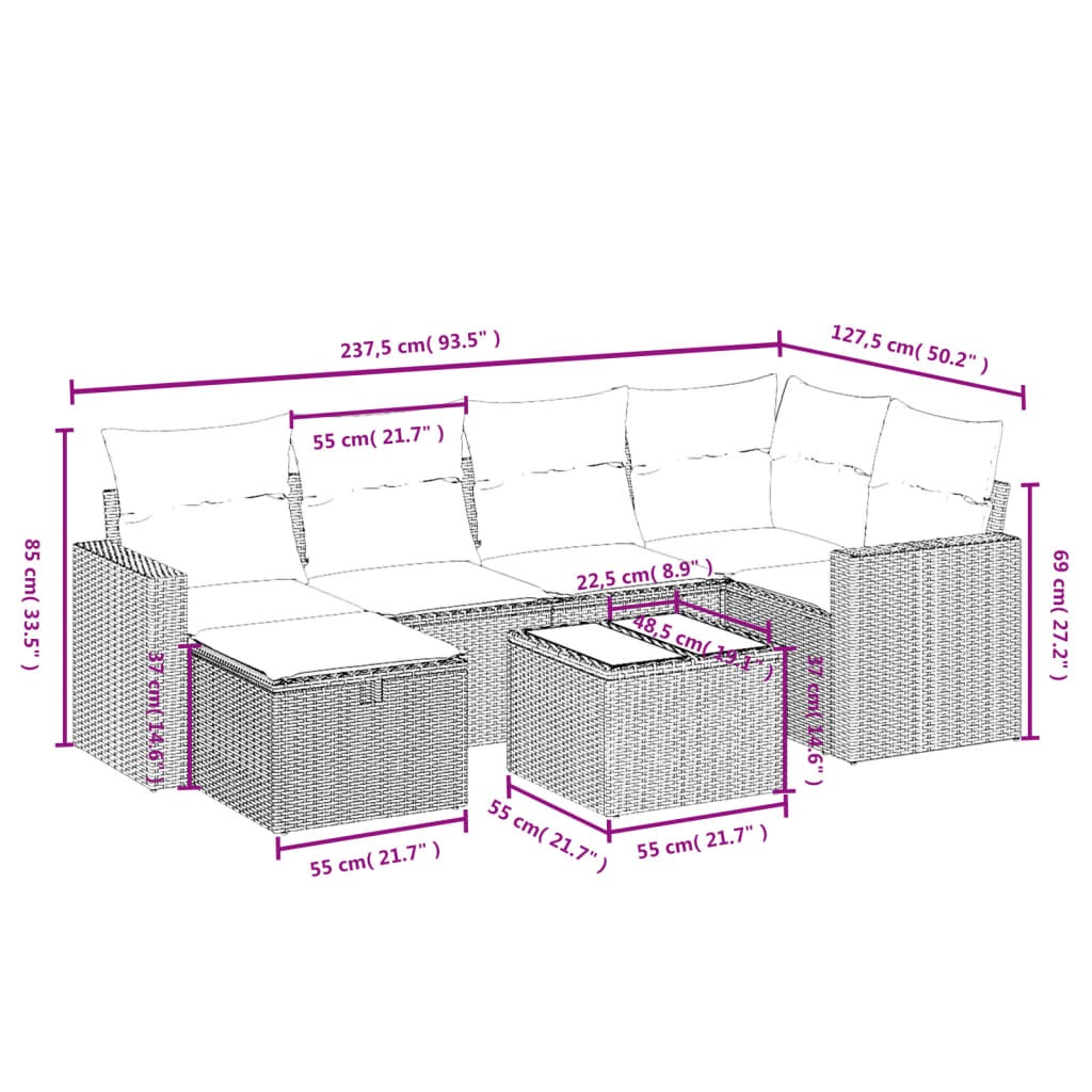 vidaXL 6-delige Loungeset met kussens poly rattan zwart